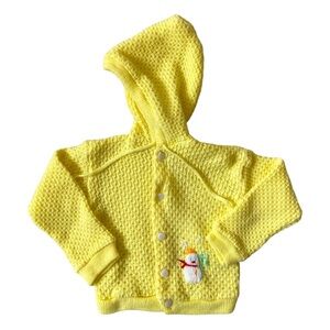 VINTAGE 70s Hoodie Sweater Button Knit Yellow Snowman Winter Holiday